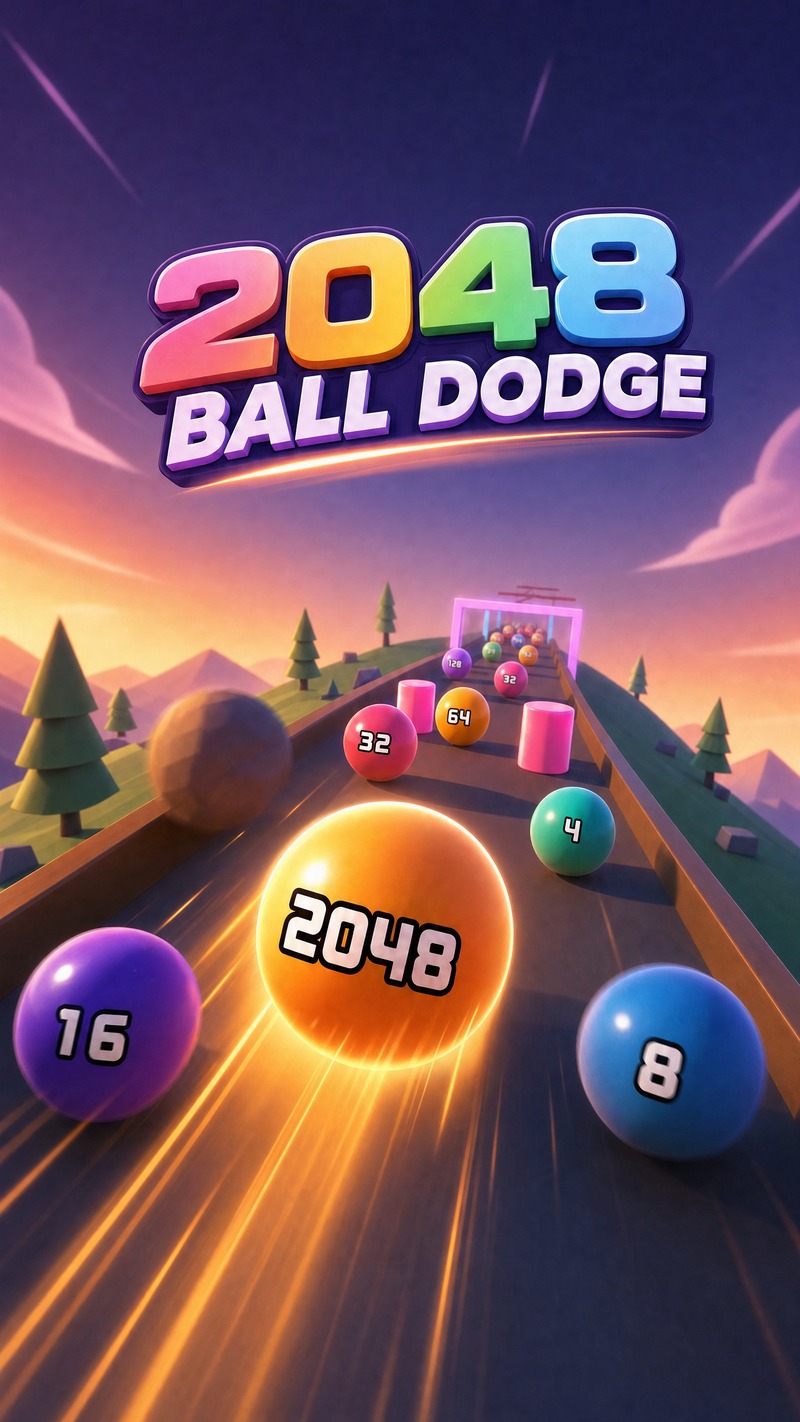 2048 Ball Dodge — a glowing numbered ball speeding down a sunset obstacle track